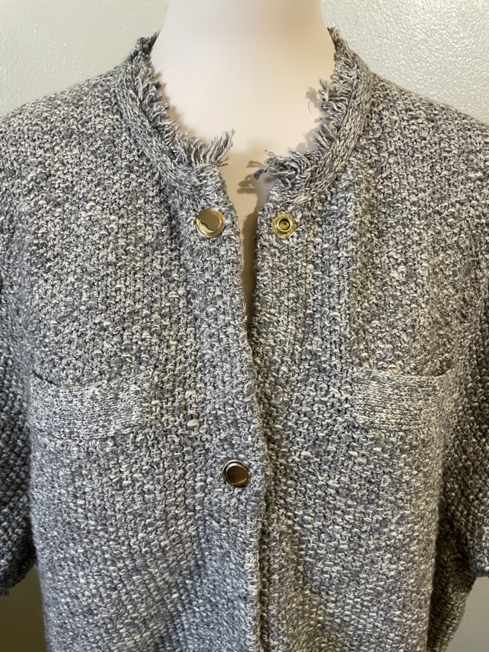 Cotton Blend Knit Blazer 3X Gray White Fringe Snap Textured Stretch J. Crew EUC